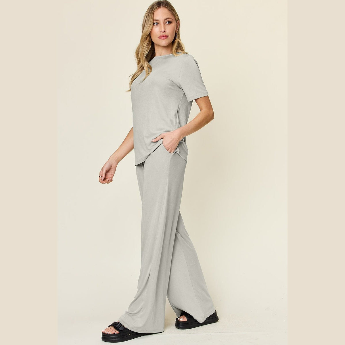 Double Take Full Size Round Neck Short Sleeve T-Shirt and Wide Leg Pants Set