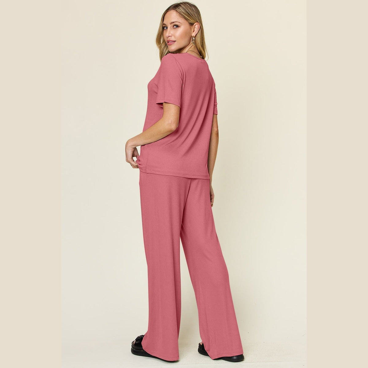 Double Take Full Size Round Neck Short Sleeve T-Shirt and Wide Leg Pants Set