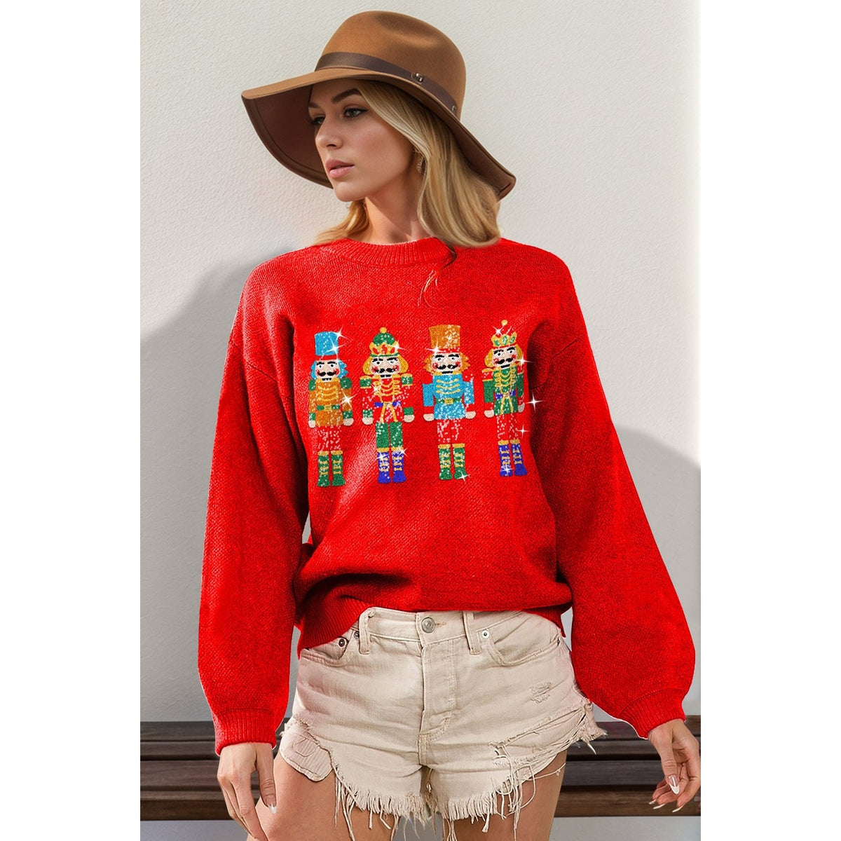 Double Take Full Size Sequin Nutcracker Long Sleeve Sweater