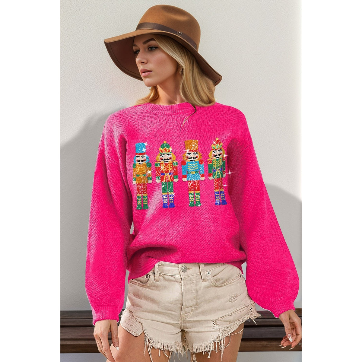 Double Take Full Size Sequin Nutcracker Long Sleeve Sweater