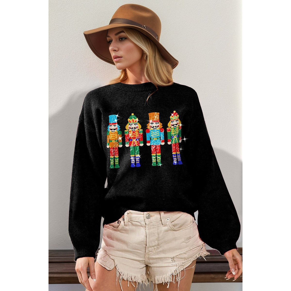 Double Take Full Size Sequin Nutcracker Long Sleeve Sweater