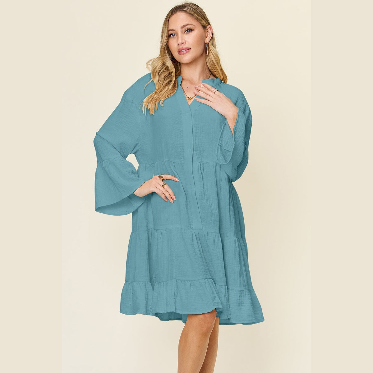 Double Take Full Size Texture Button Up Ruffle Hem Dress