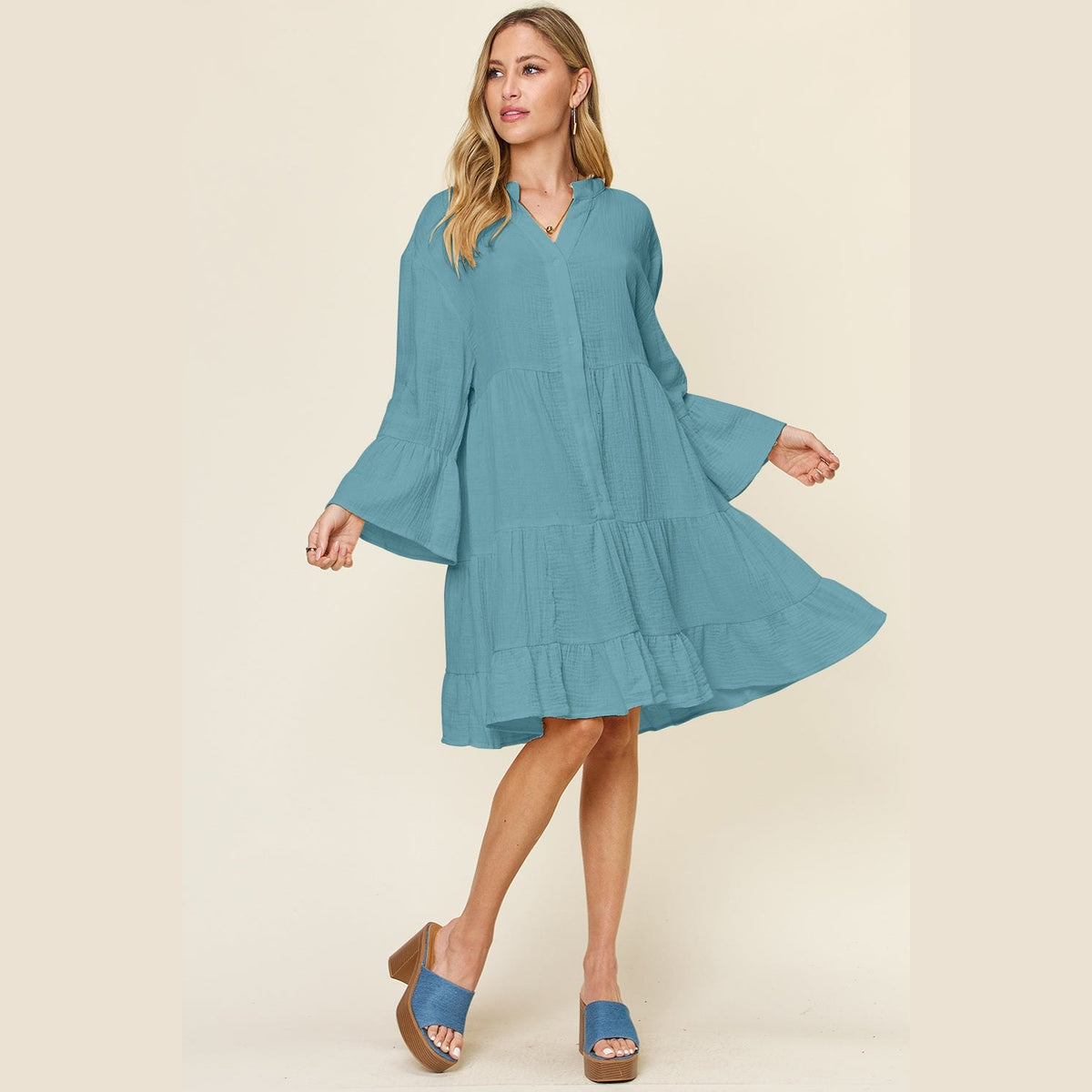 Double Take Full Size Texture Button Up Ruffle Hem Dress