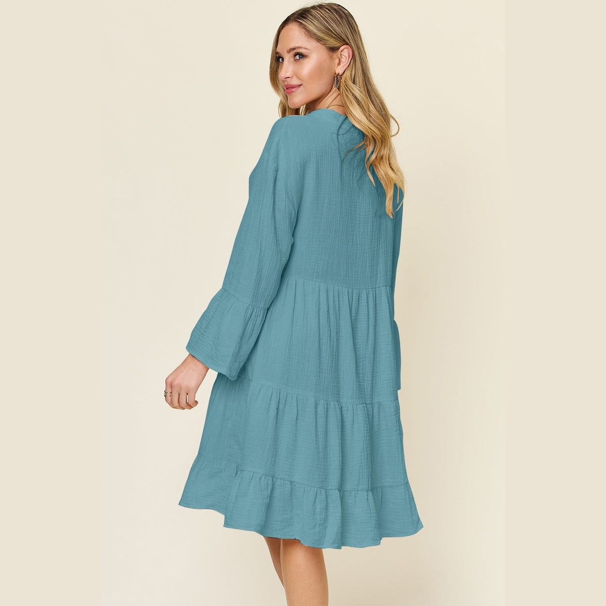 Double Take Full Size Texture Button Up Ruffle Hem Dress