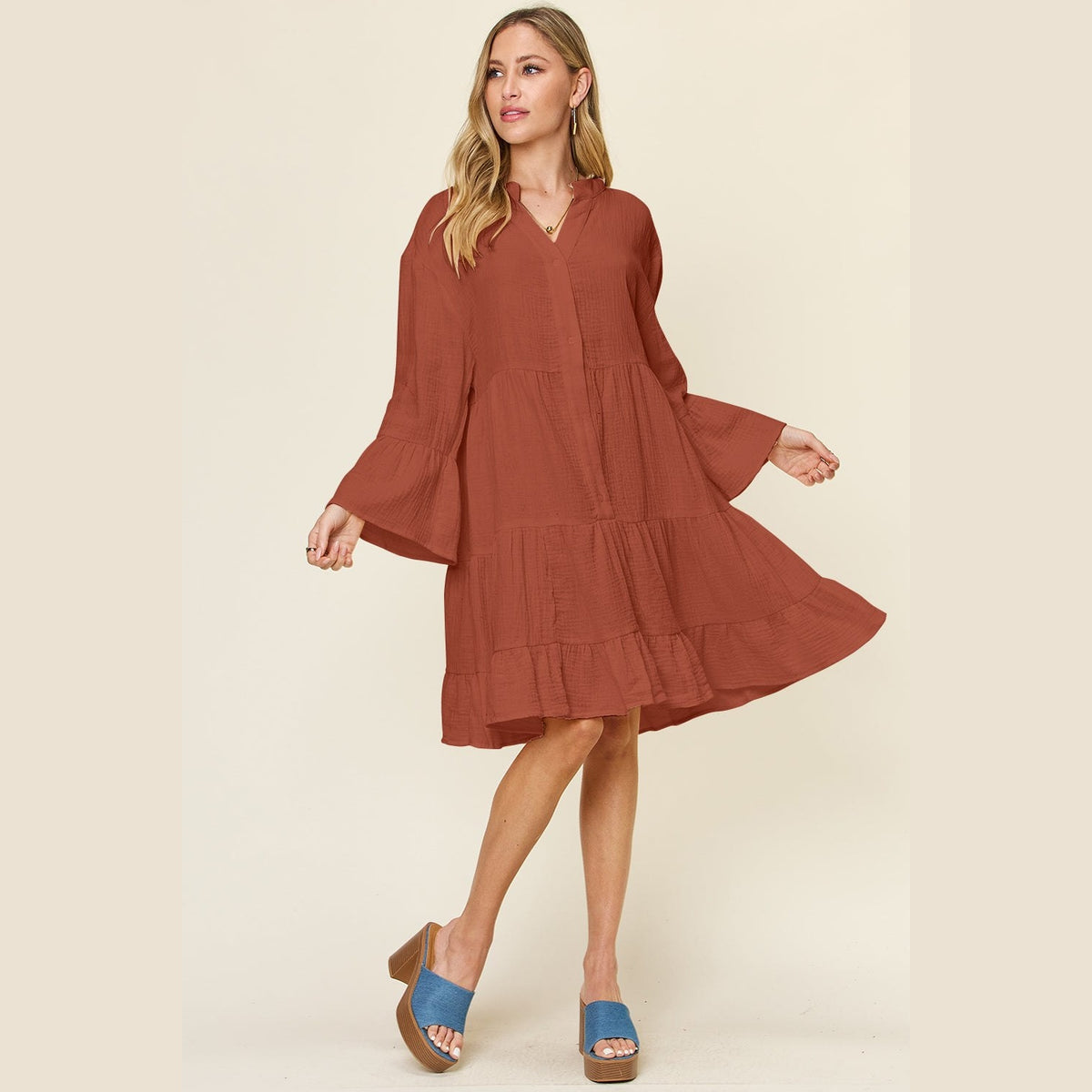 Double Take Full Size Texture Button Up Ruffle Hem Dress