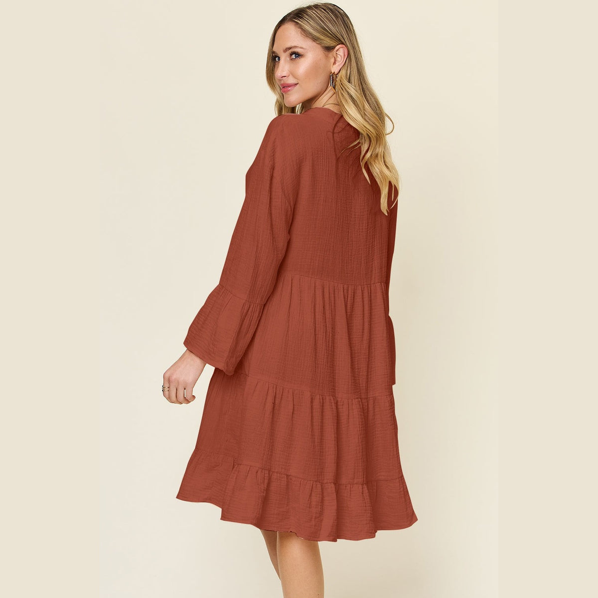 Double Take Full Size Texture Button Up Ruffle Hem Dress