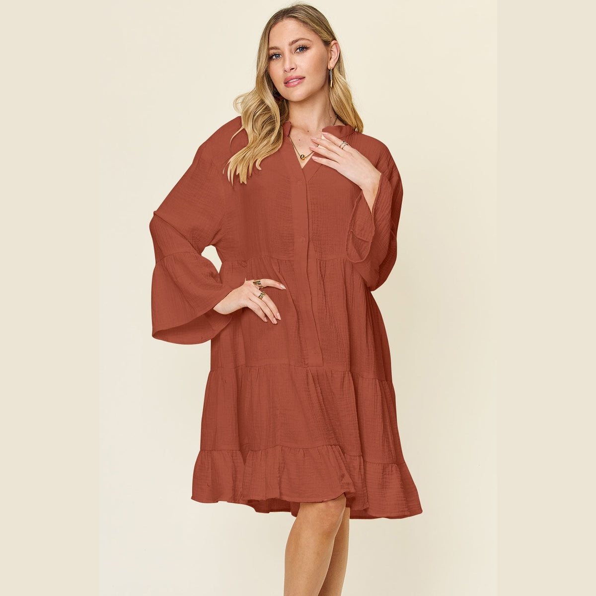 Double Take Full Size Texture Button Up Ruffle Hem Dress