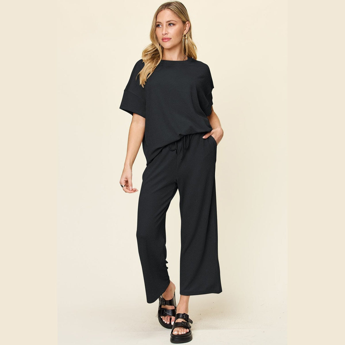 Double Take Full Size Texture Round Neck Short Sleeve T-Shirt and Wide Leg Pants