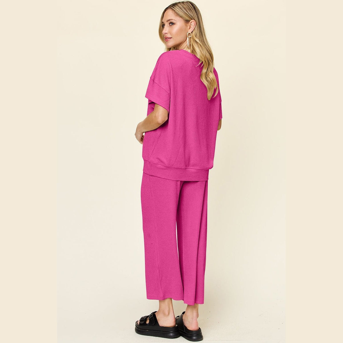 Double Take Full Size Texture Round Neck Short Sleeve T-Shirt and Wide Leg Pants