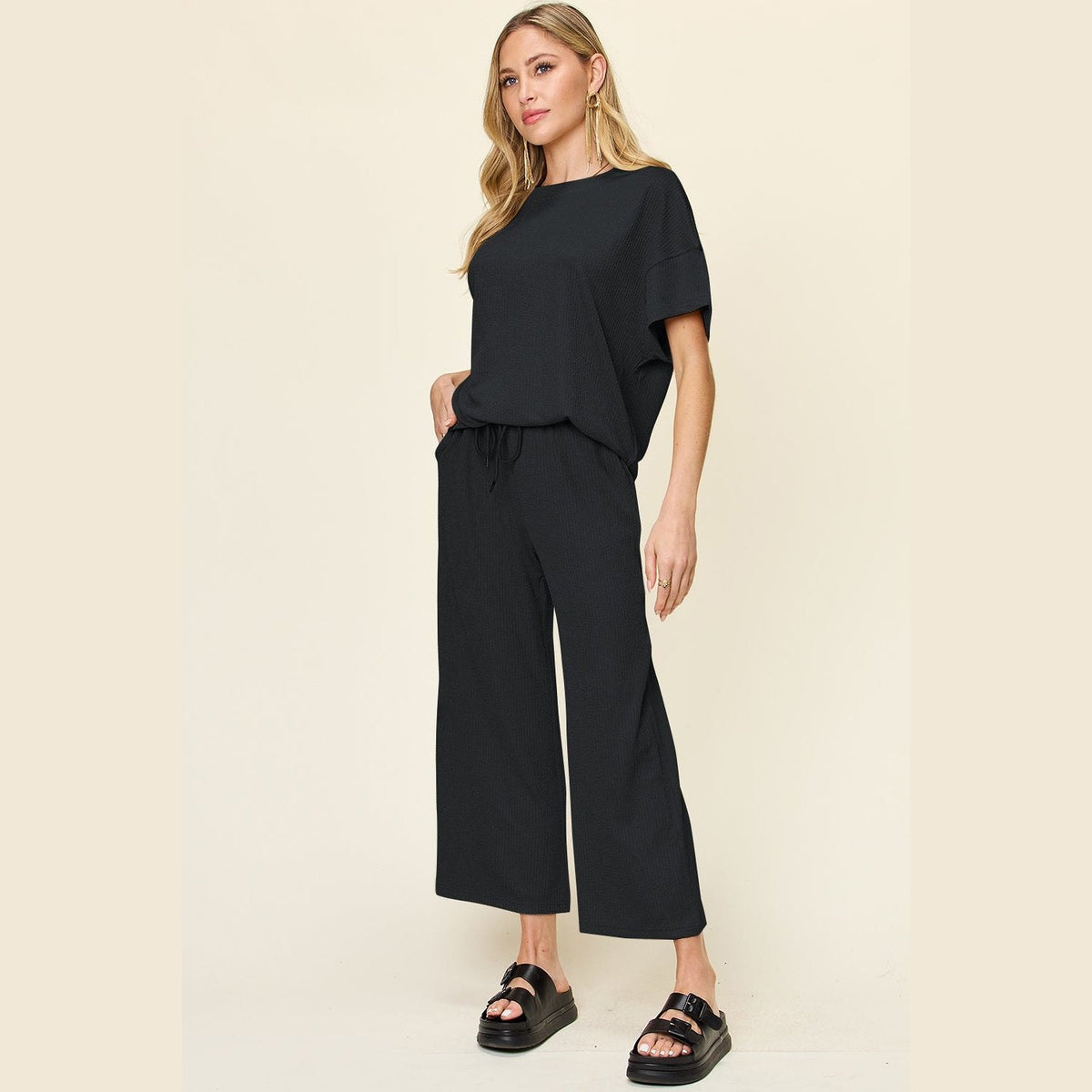 Double Take Full Size Texture Round Neck Short Sleeve T-Shirt and Wide Leg Pants