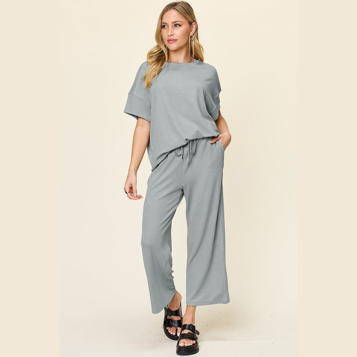 Double Take Full Size Texture Round Neck Short Sleeve T-Shirt and Wide Leg Pants