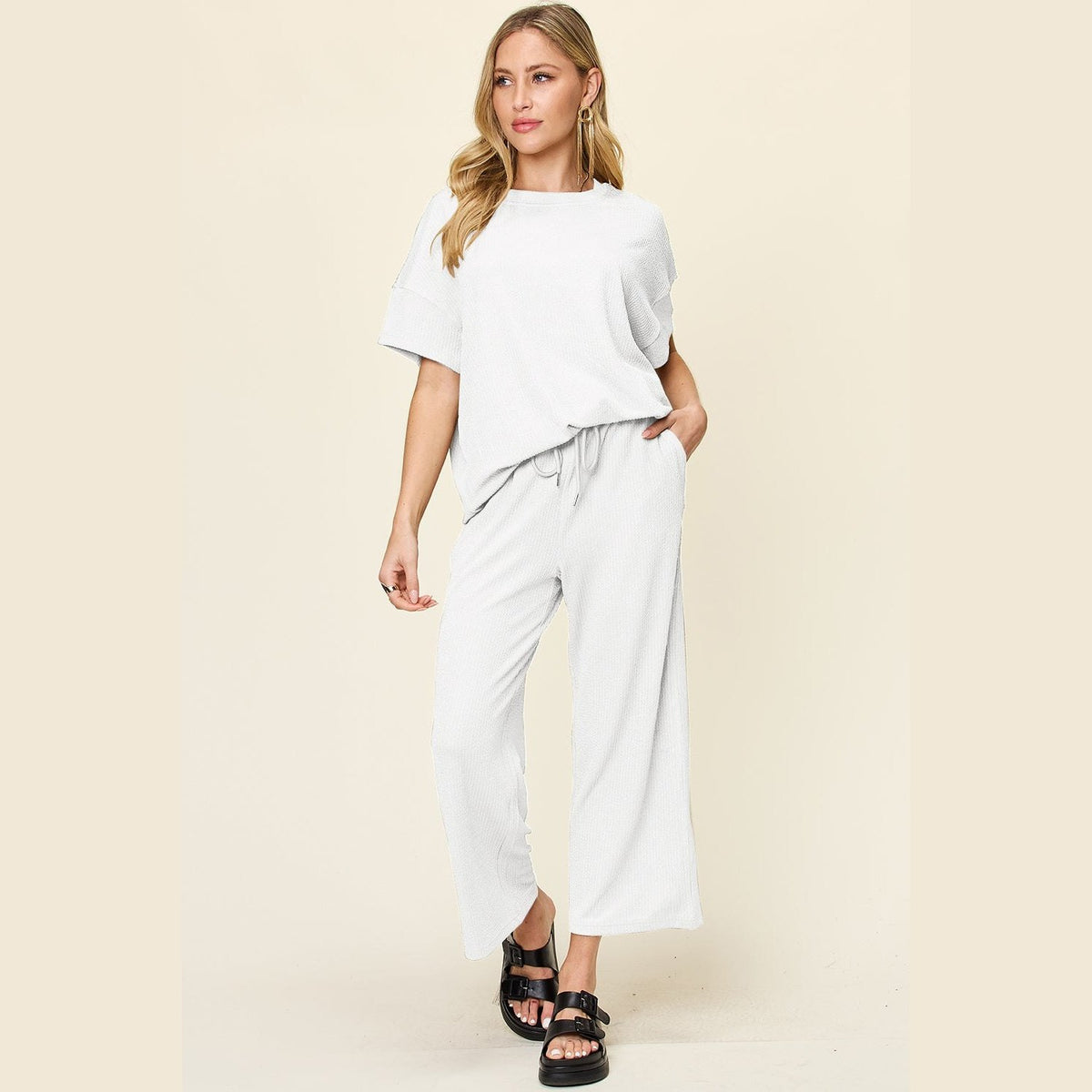 Double Take Full Size Texture Round Neck Short Sleeve T-Shirt and Wide Leg Pants