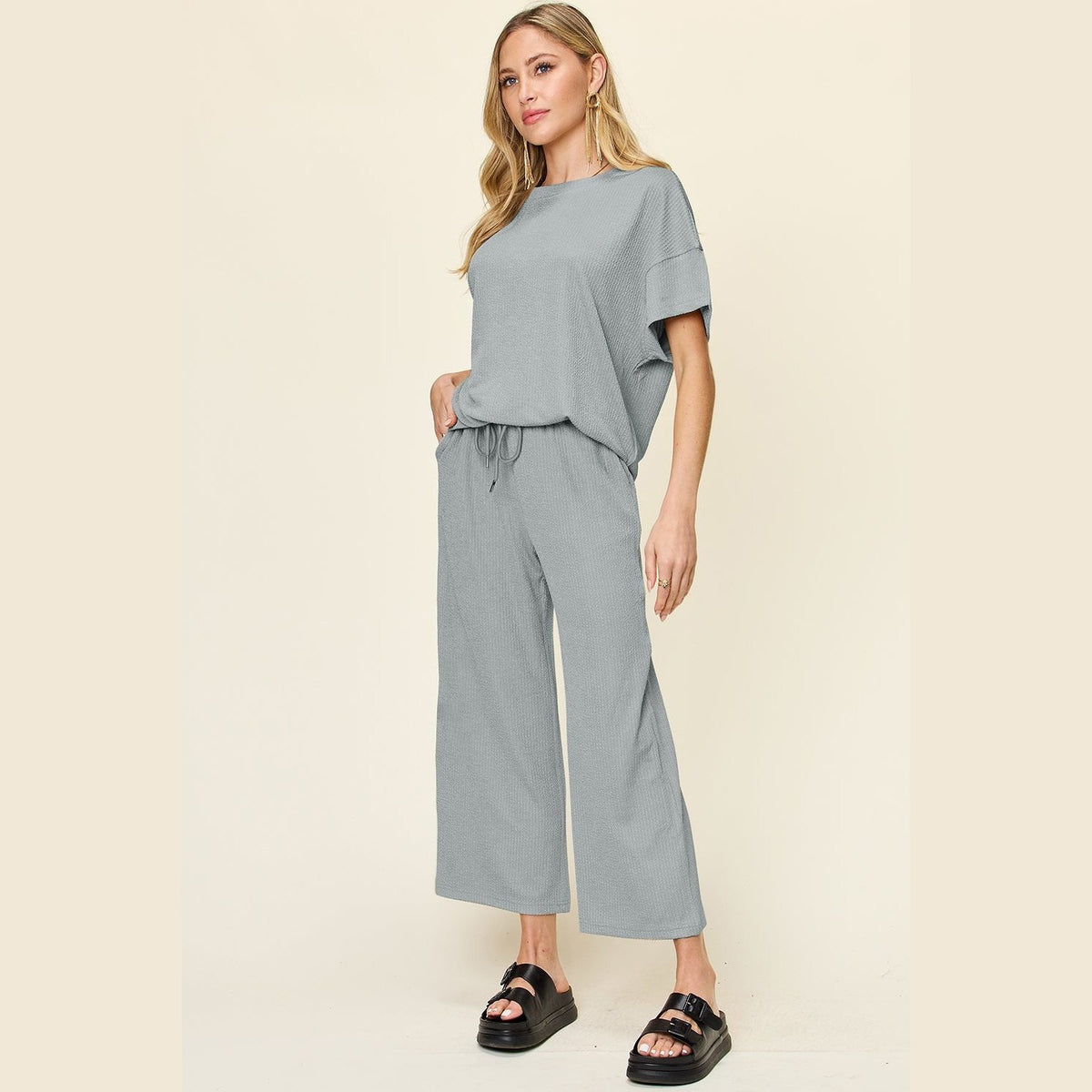 Double Take Full Size Texture Round Neck Short Sleeve T-Shirt and Wide Leg Pants