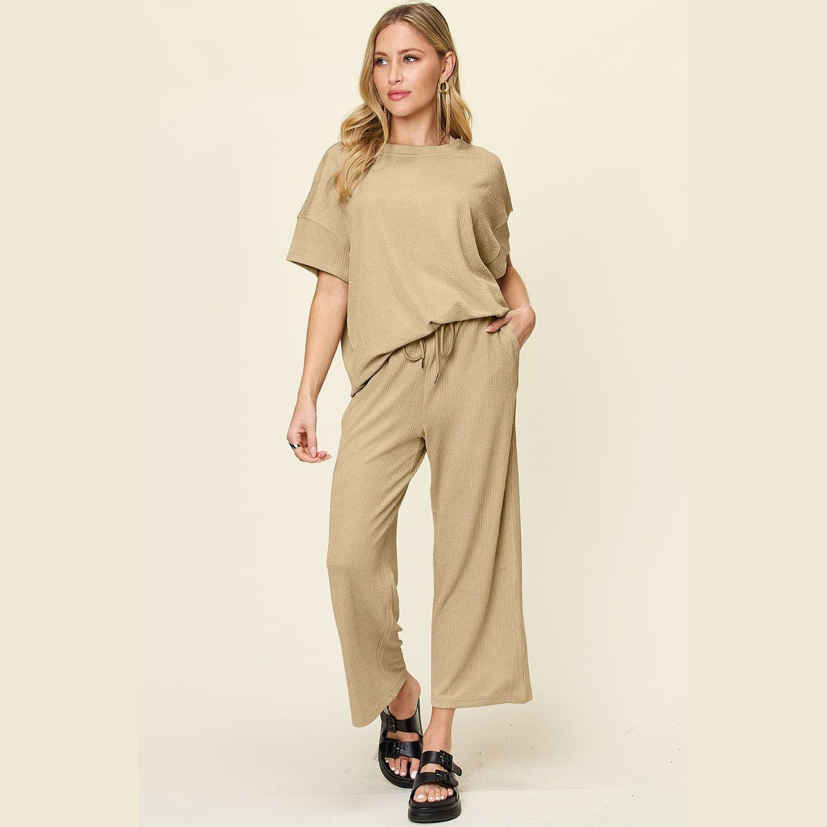 Double Take Full Size Texture Round Neck Short Sleeve T-Shirt and Wide Leg Pants