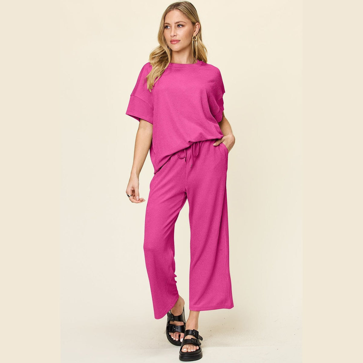 Double Take Full Size Texture Round Neck Short Sleeve T-Shirt and Wide Leg Pants