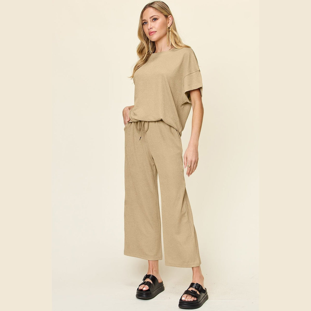 Double Take Full Size Texture Round Neck Short Sleeve T-Shirt and Wide Leg Pants