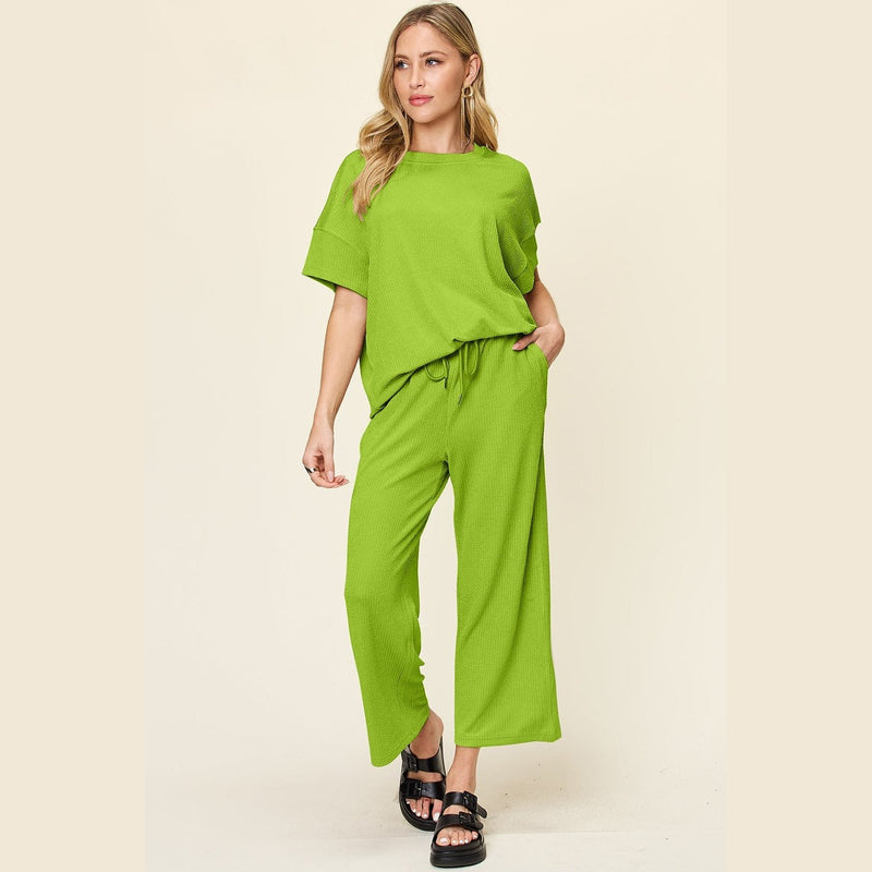 Double Take Full Size Texture Round Neck Short Sleeve T-Shirt and Wide Leg Pants