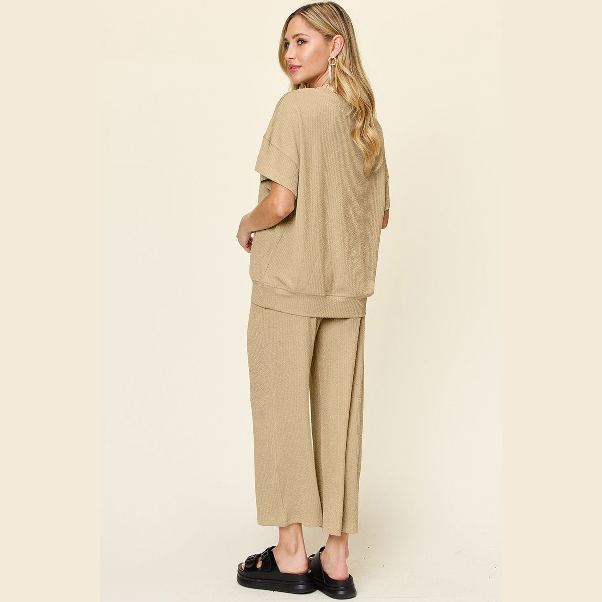 Double Take Full Size Texture Round Neck Short Sleeve T-Shirt and Wide Leg Pants