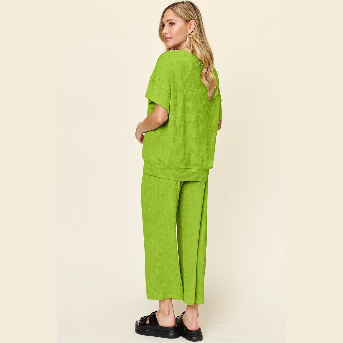 Double Take Full Size Texture Round Neck Short Sleeve T-Shirt and Wide Leg Pants