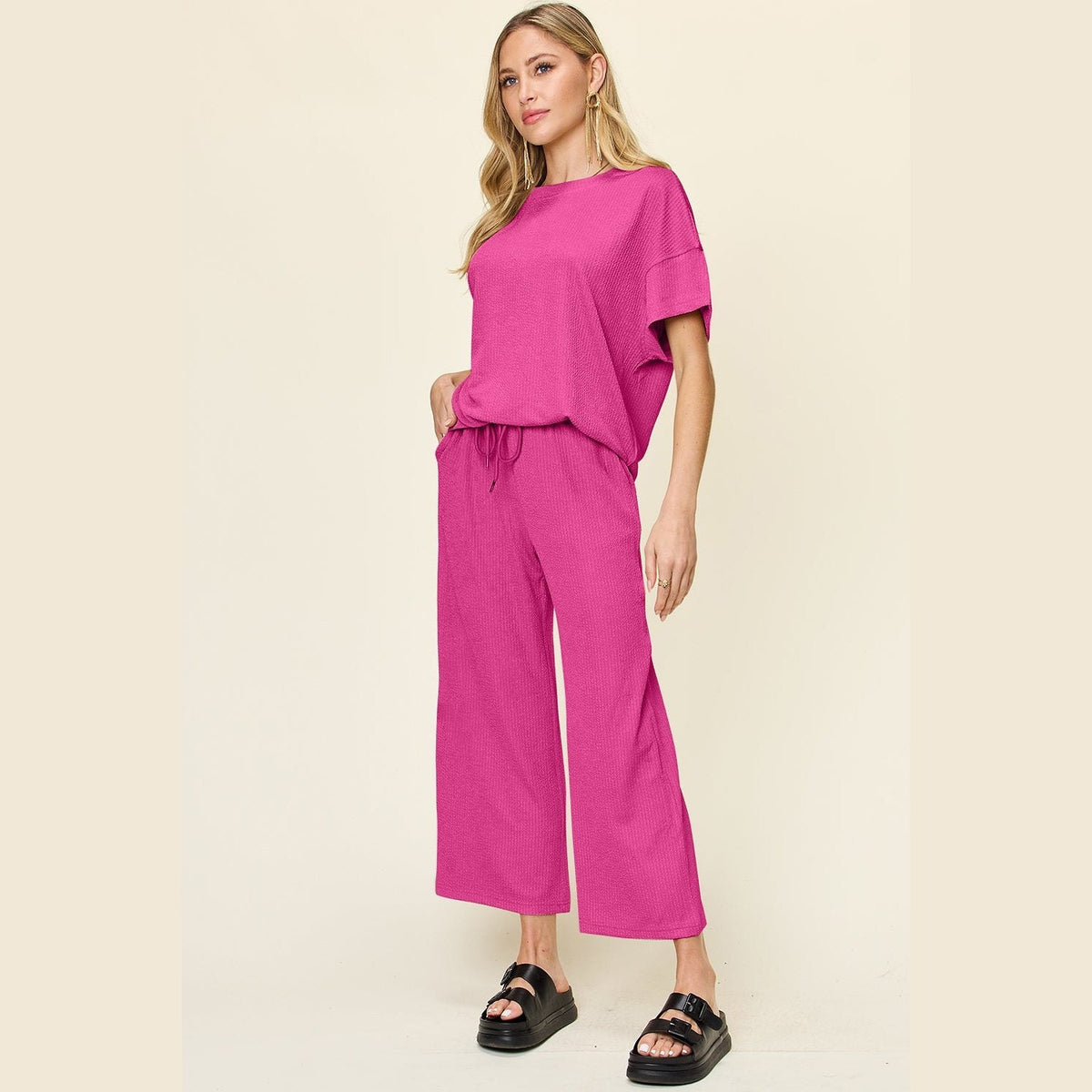 Double Take Full Size Texture Round Neck Short Sleeve T-Shirt and Wide Leg Pants