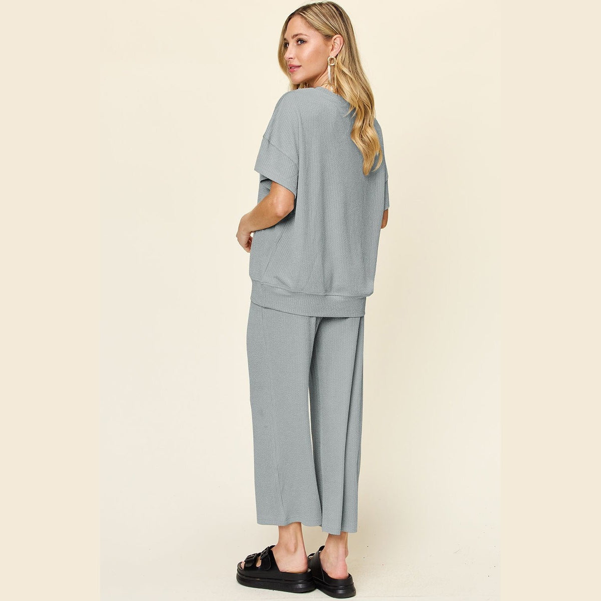 Double Take Full Size Texture Round Neck Short Sleeve T-Shirt and Wide Leg Pants