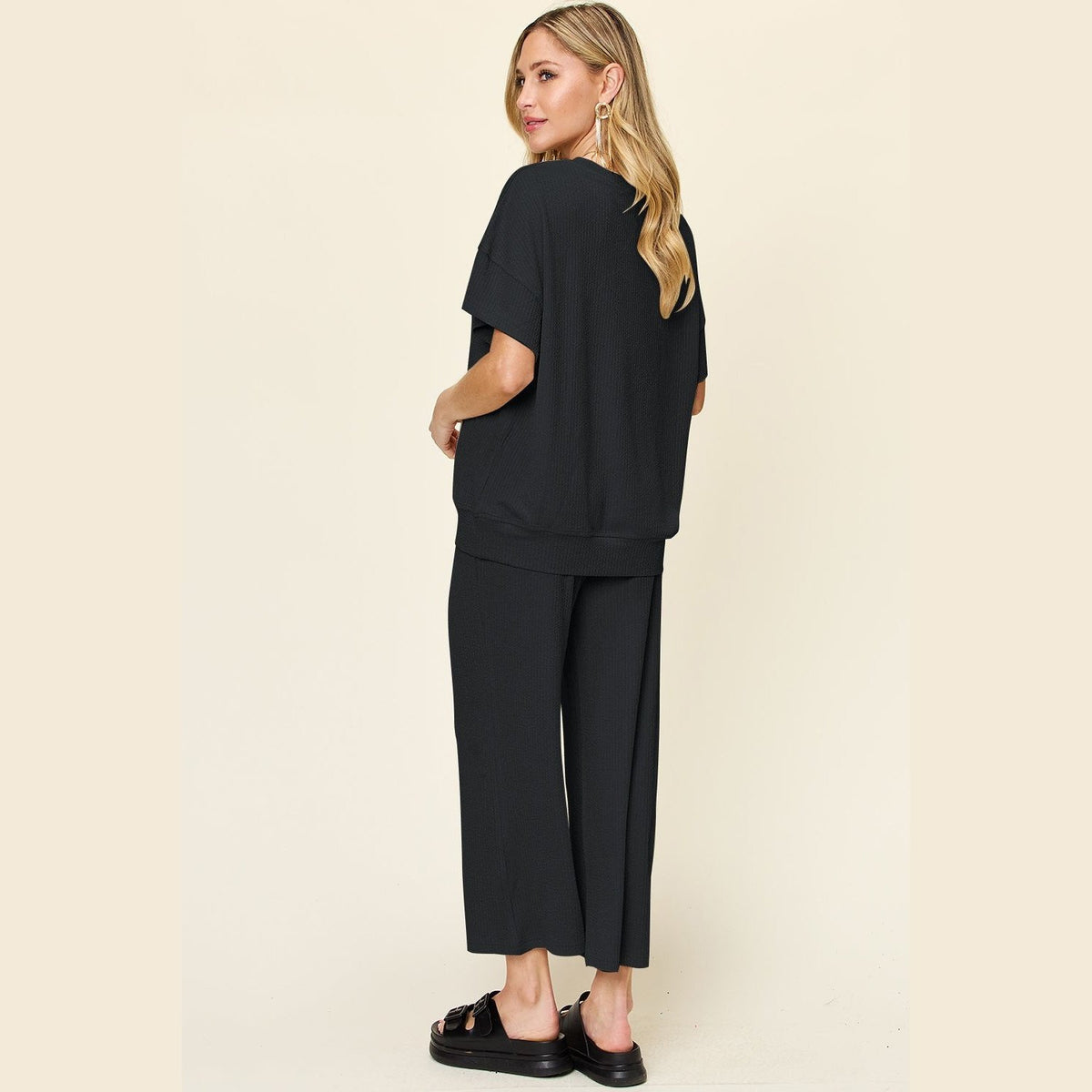 Double Take Full Size Texture Round Neck Short Sleeve T-Shirt and Wide Leg Pants