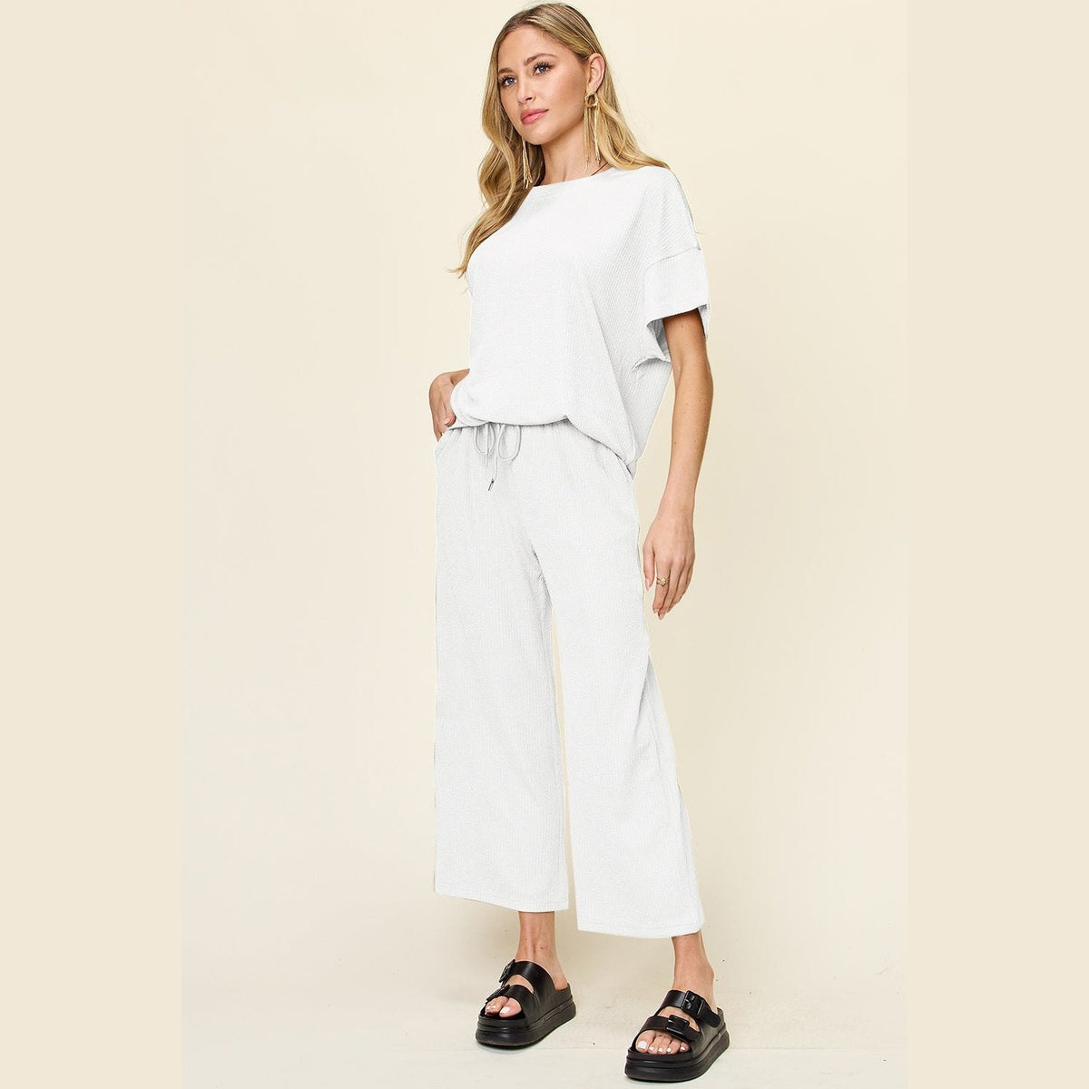 Double Take Full Size Texture Round Neck Short Sleeve T-Shirt and Wide Leg Pants