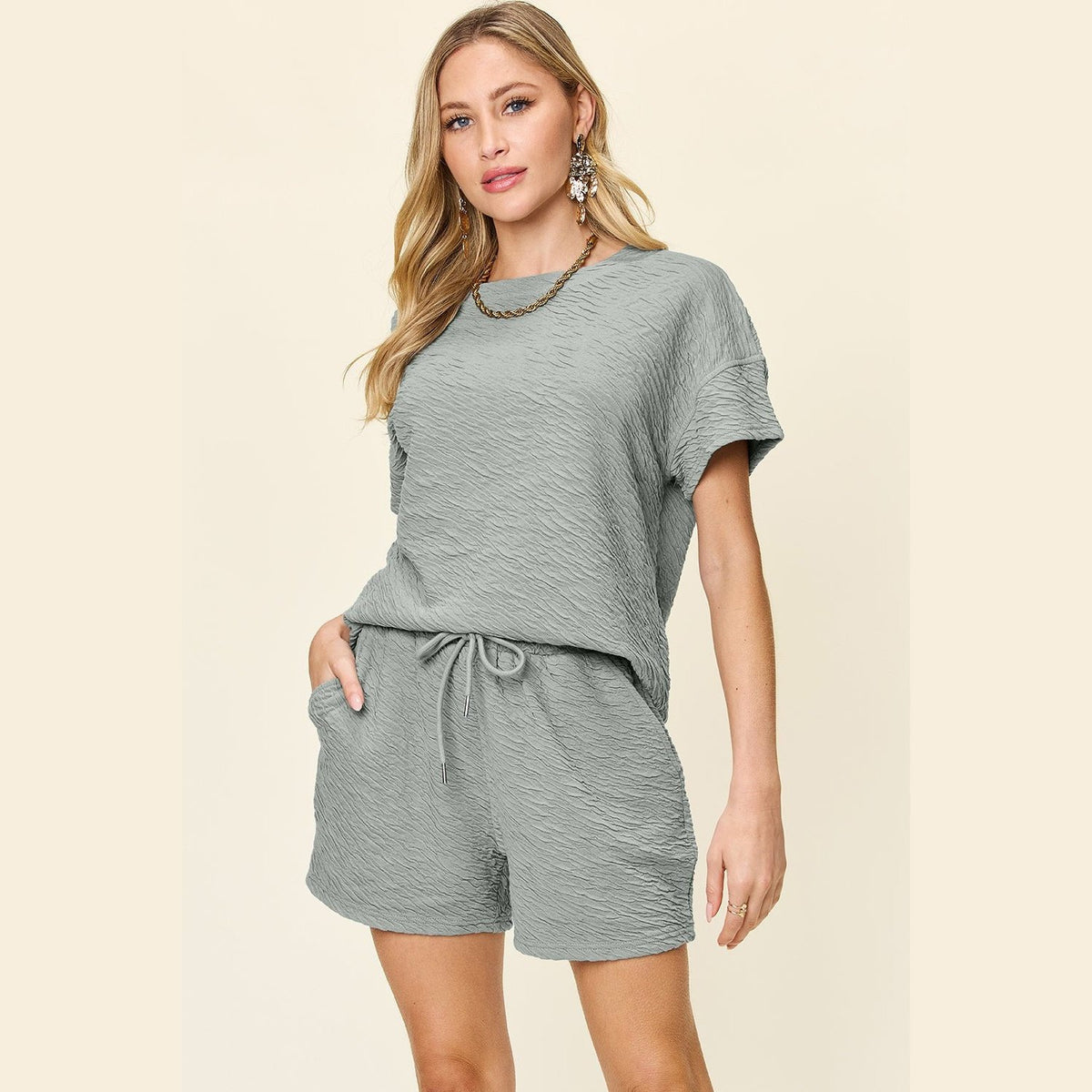 Double Take Full Size Texture Short Sleeve T-Shirt and Drawstring Shorts Set