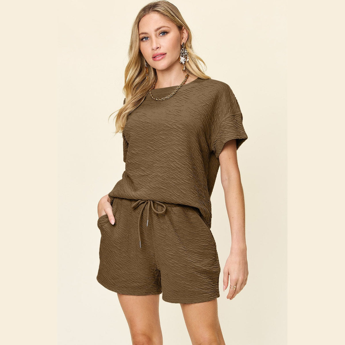 Double Take Full Size Texture Short Sleeve T-Shirt and Drawstring Shorts Set