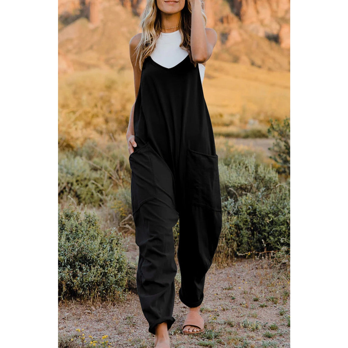 Double Take Full Size V-Neck Sleeveless Jumpsuit with Pockets