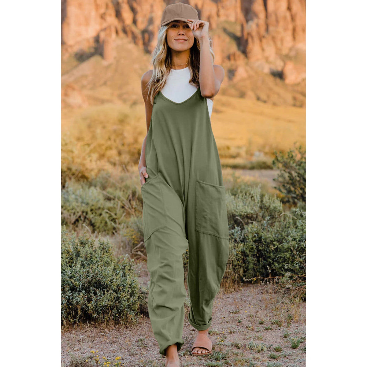 Double Take Full Size V-Neck Sleeveless Jumpsuit with Pockets