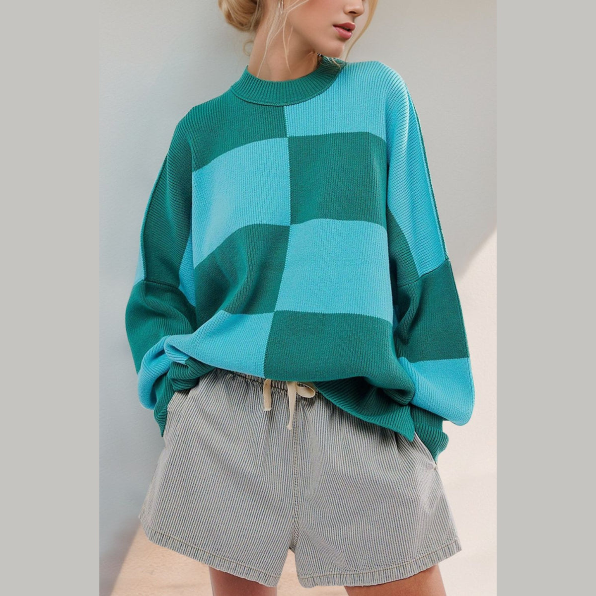 Double Take Slit Color Block Mock Neck Batwing Sleeve Sweater