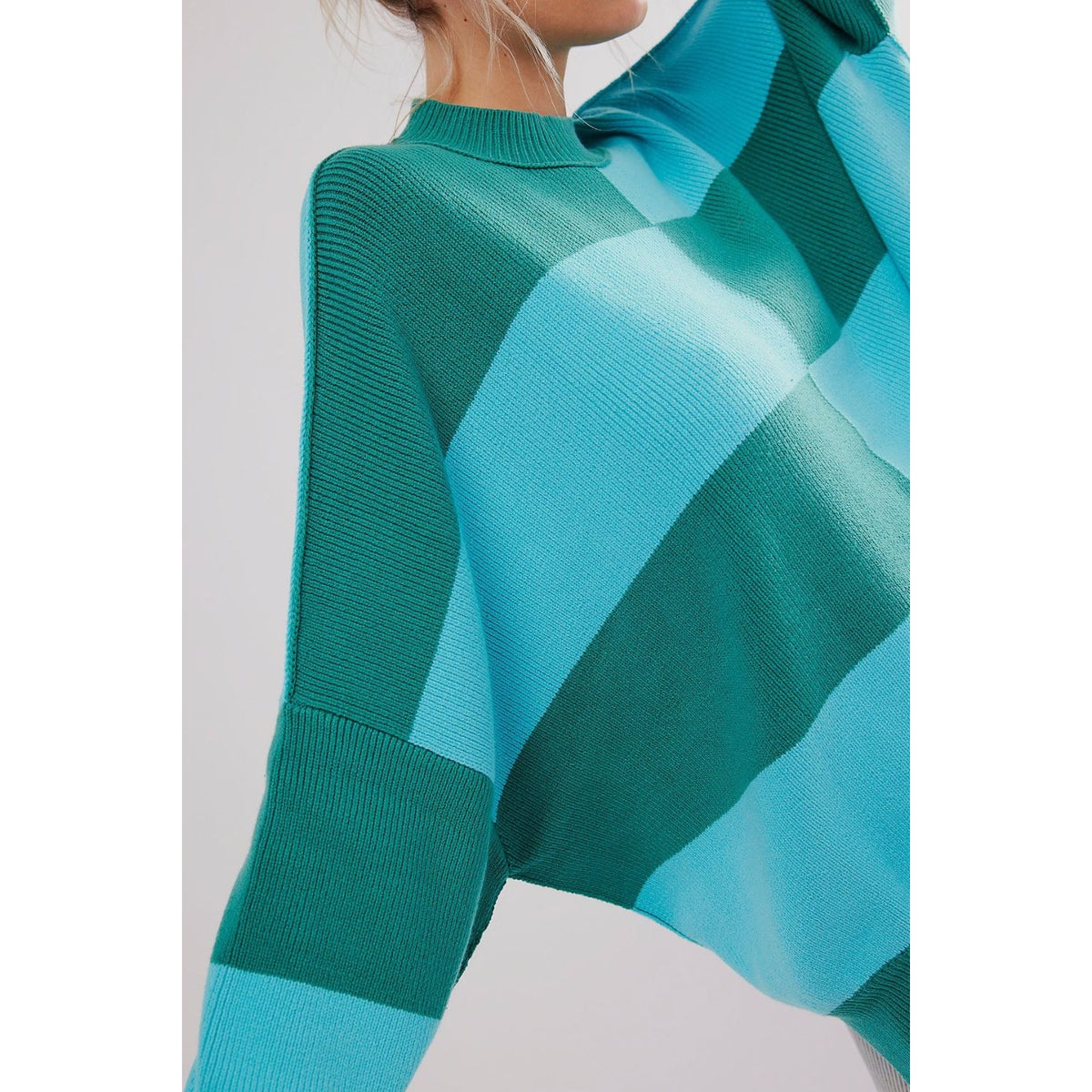 Double Take Slit Color Block Mock Neck Batwing Sleeve Sweater