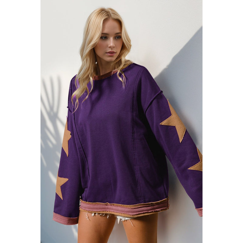 Double Take Star Patched Long Sleeve Sweatshirt