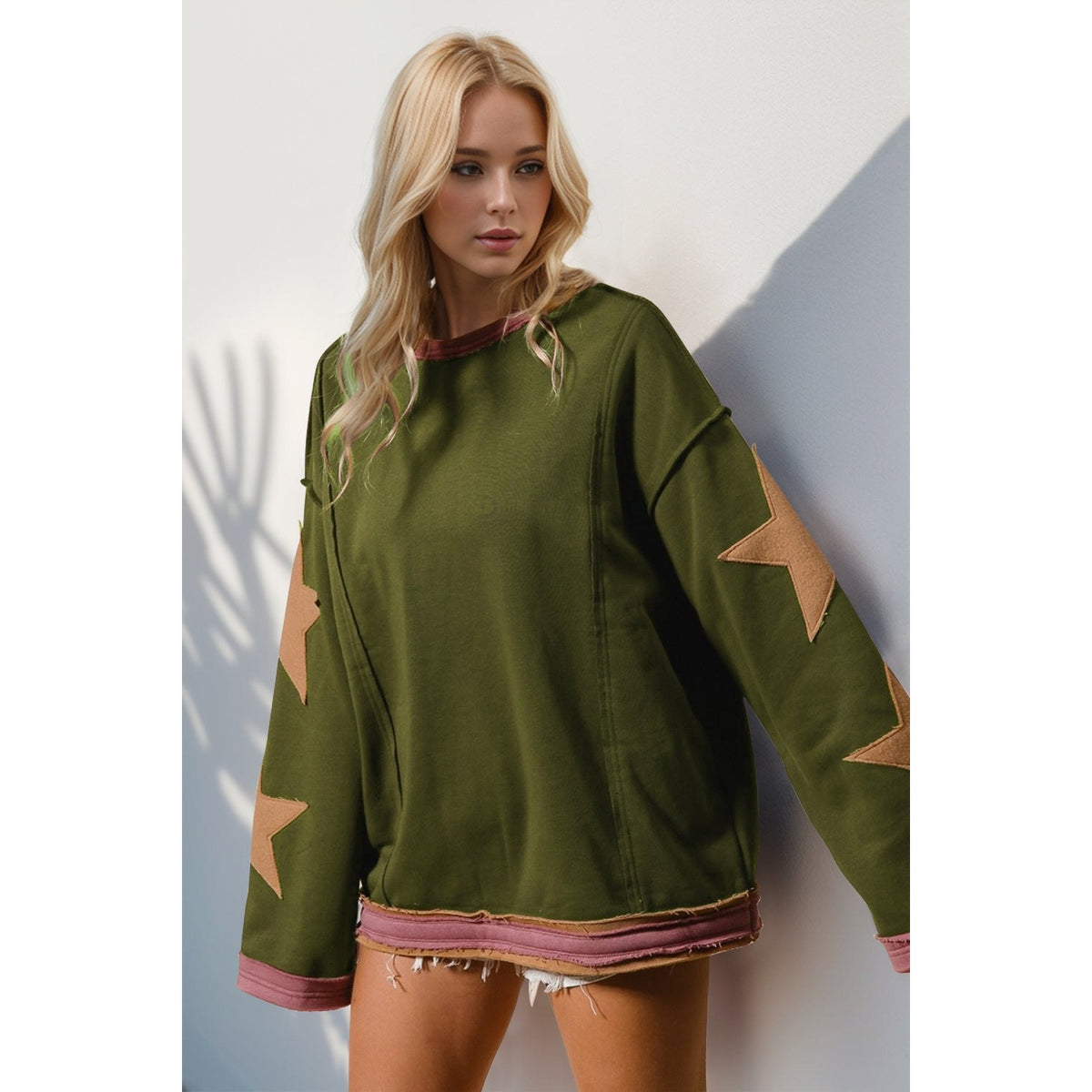 Double Take Star Patched Long Sleeve Sweatshirt