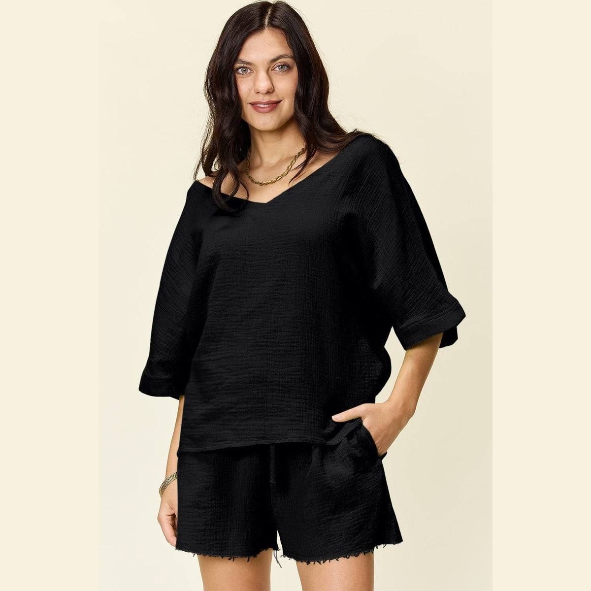 Double Take Texture Half Sleeve T-Shirt and Drawstring Shorts Set