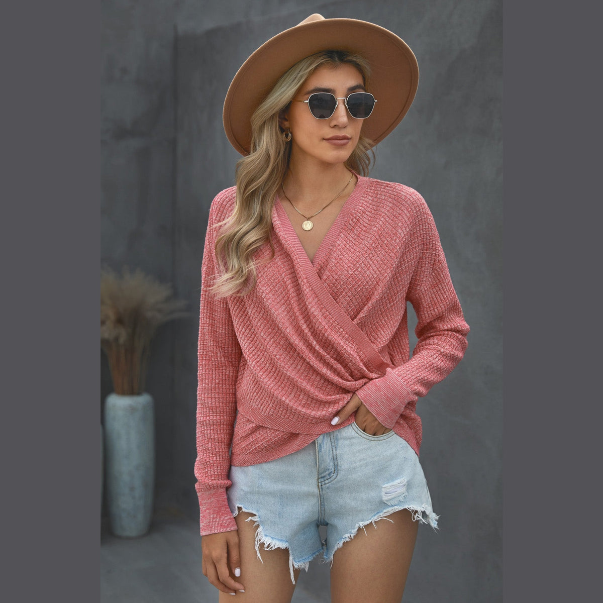 Double Take V Neck Wrap Front Knitted Top