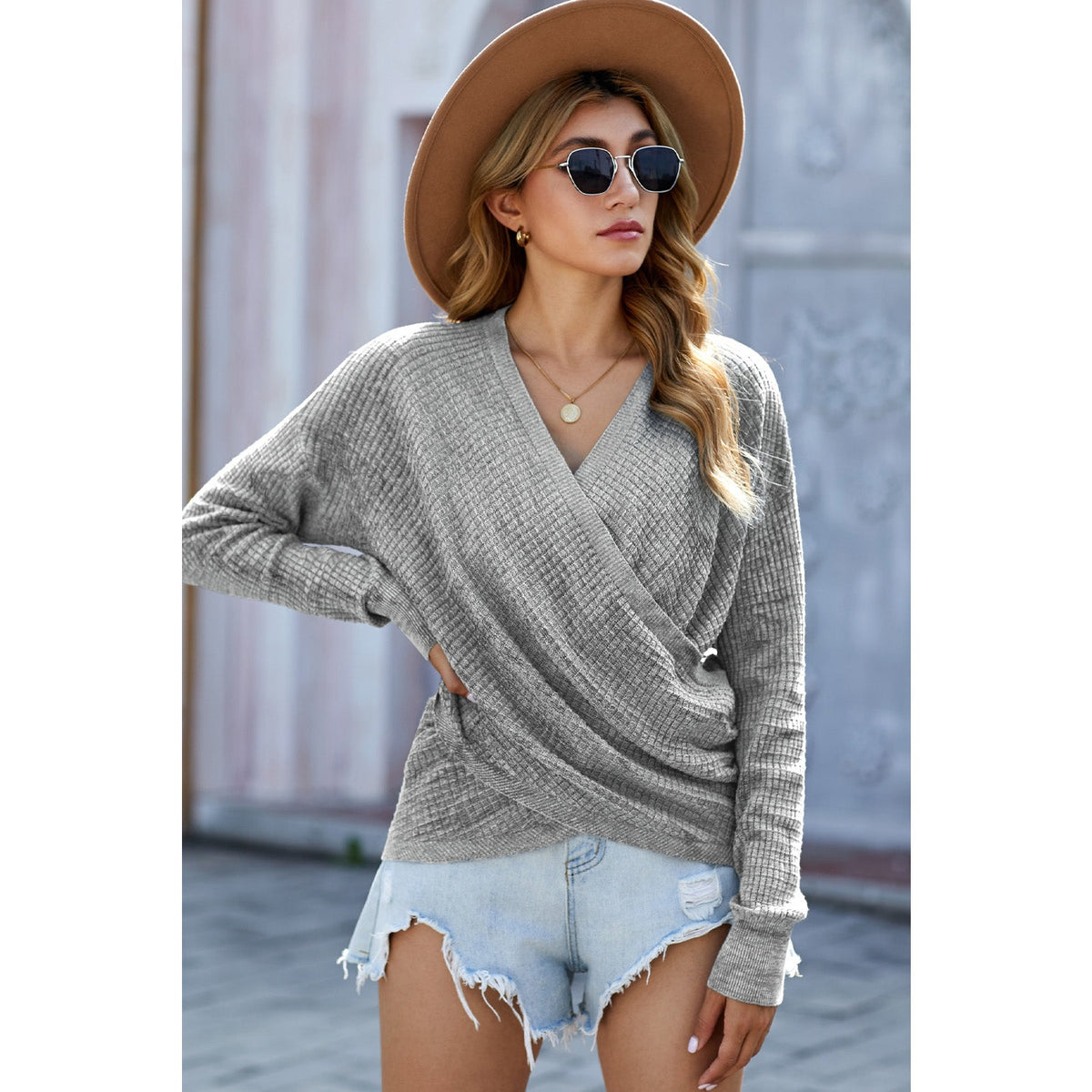 Double Take V Neck Wrap Front Knitted Top