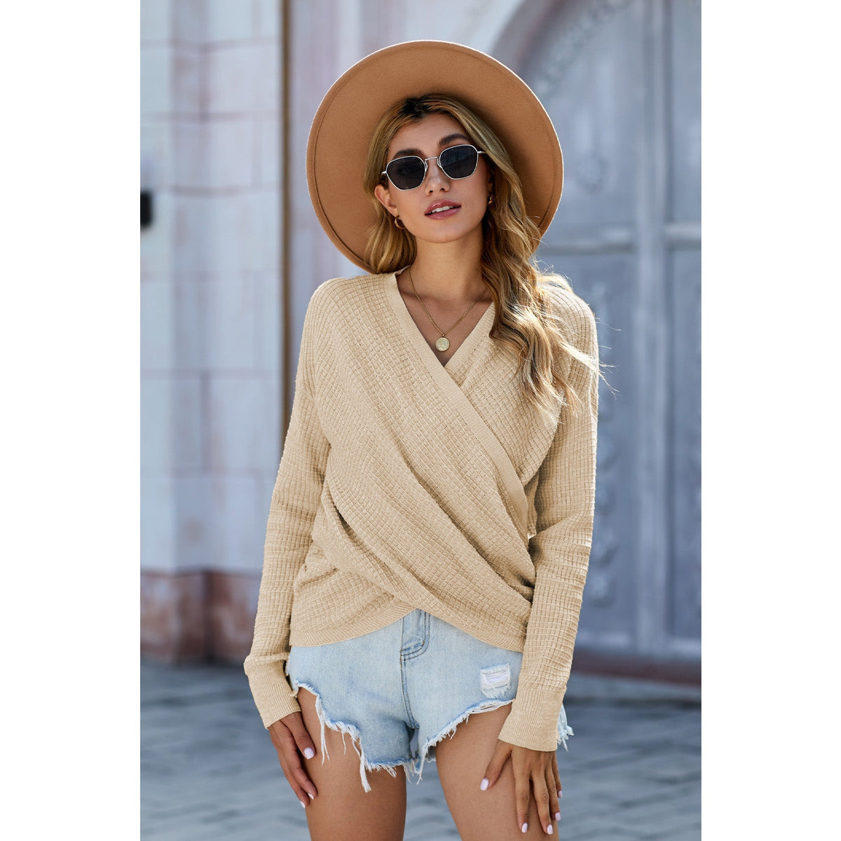 Double Take V Neck Wrap Front Knitted Top