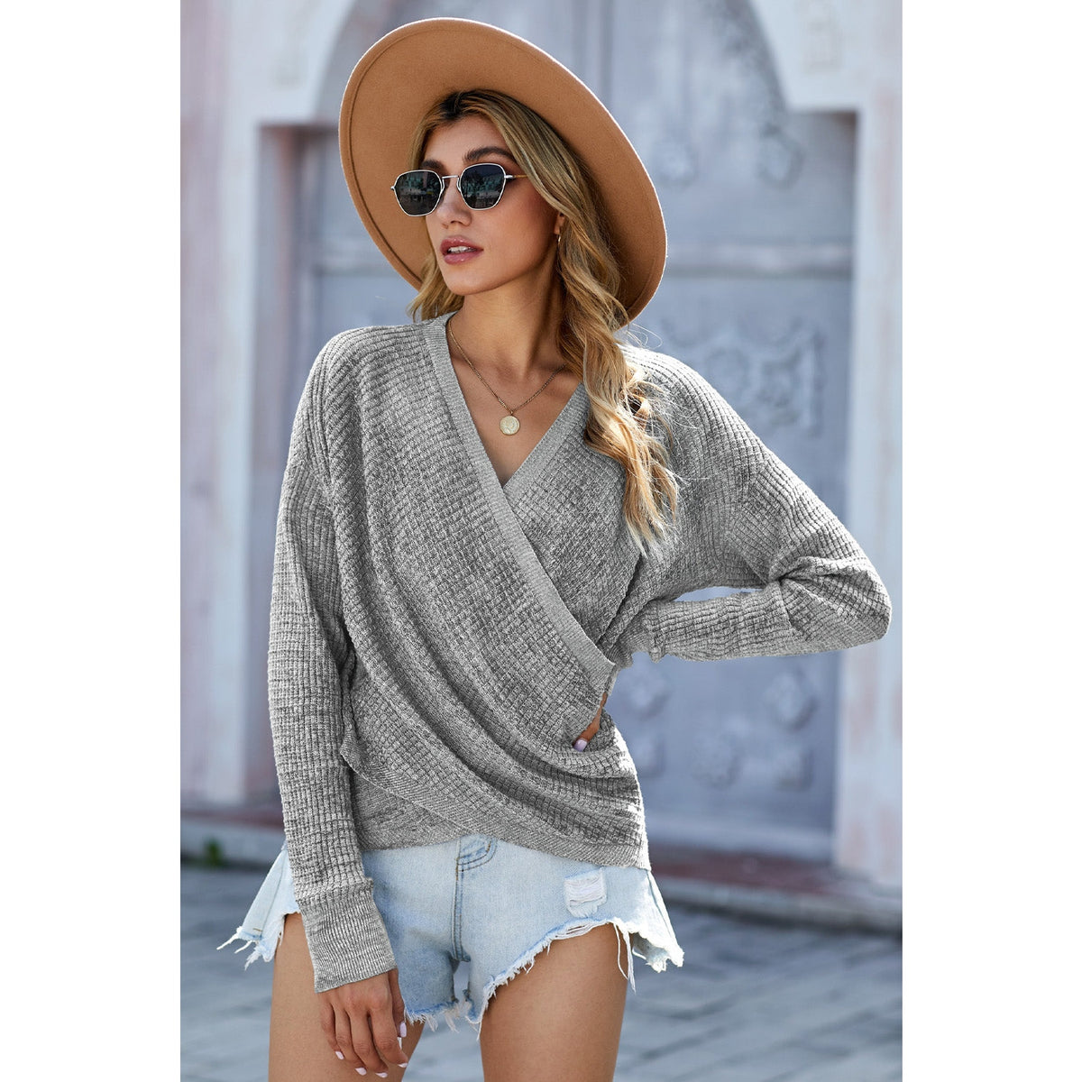 Double Take V Neck Wrap Front Knitted Top