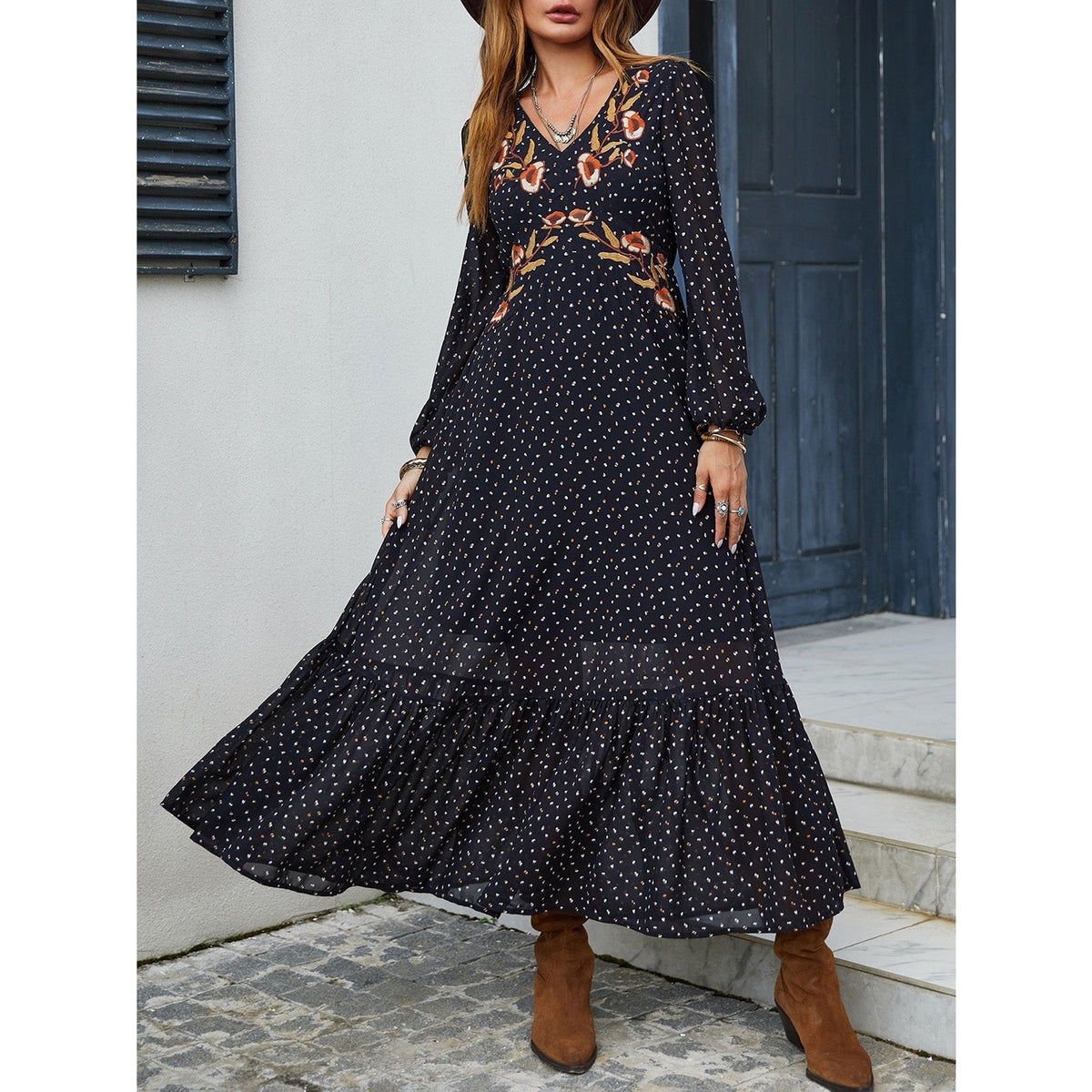 Embroidered V-Neck Long Sleeve Dress