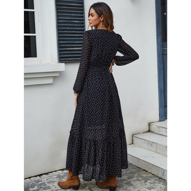 Embroidered V-Neck Long Sleeve Dress