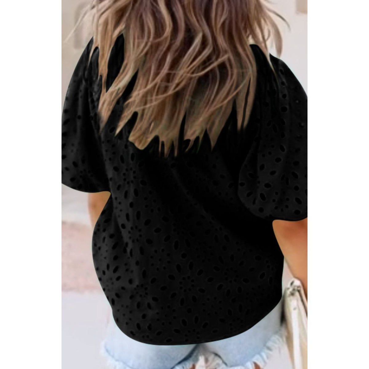 Eyelet Button Up Half Sleeve Blouse