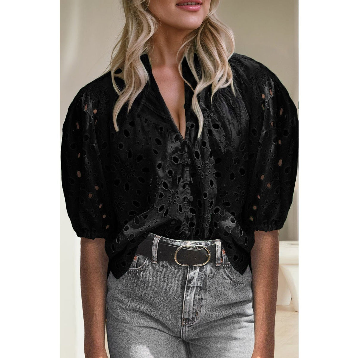 Eyelet Button Up Half Sleeve Blouse