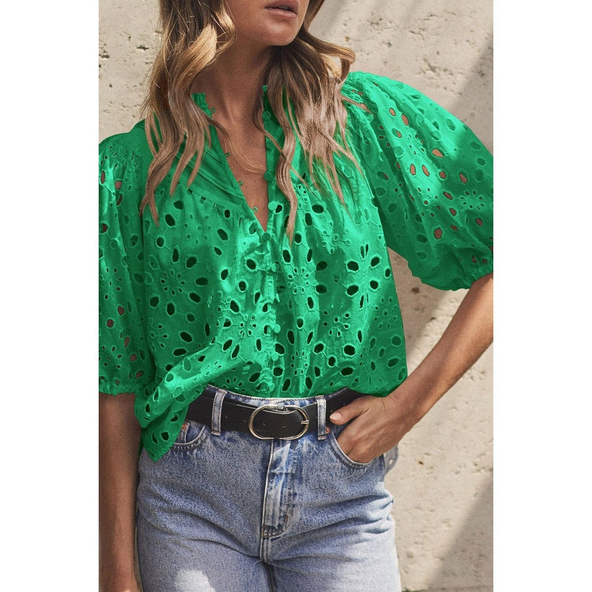 Eyelet Button Up Half Sleeve Blouse