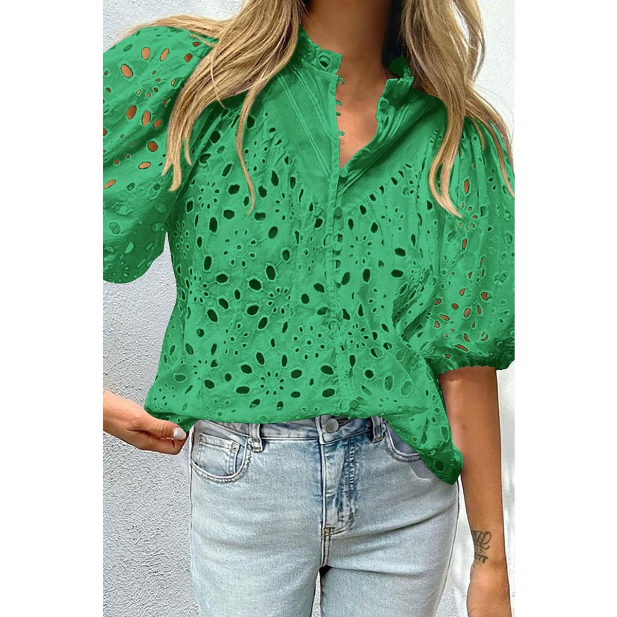 Eyelet Button Up Half Sleeve Blouse