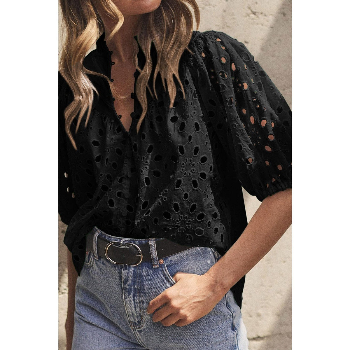 Eyelet Button Up Half Sleeve Blouse