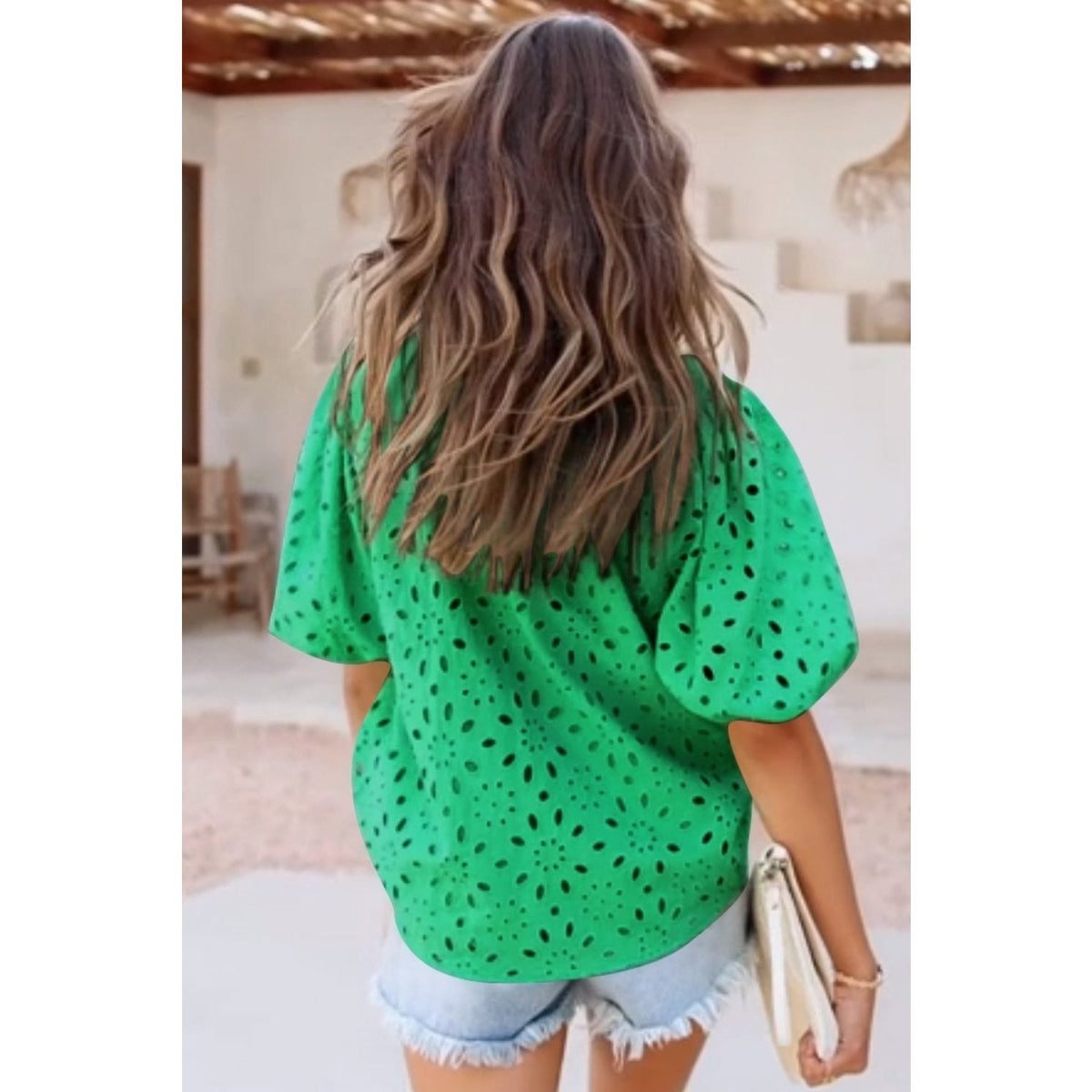 Eyelet Button Up Half Sleeve Blouse