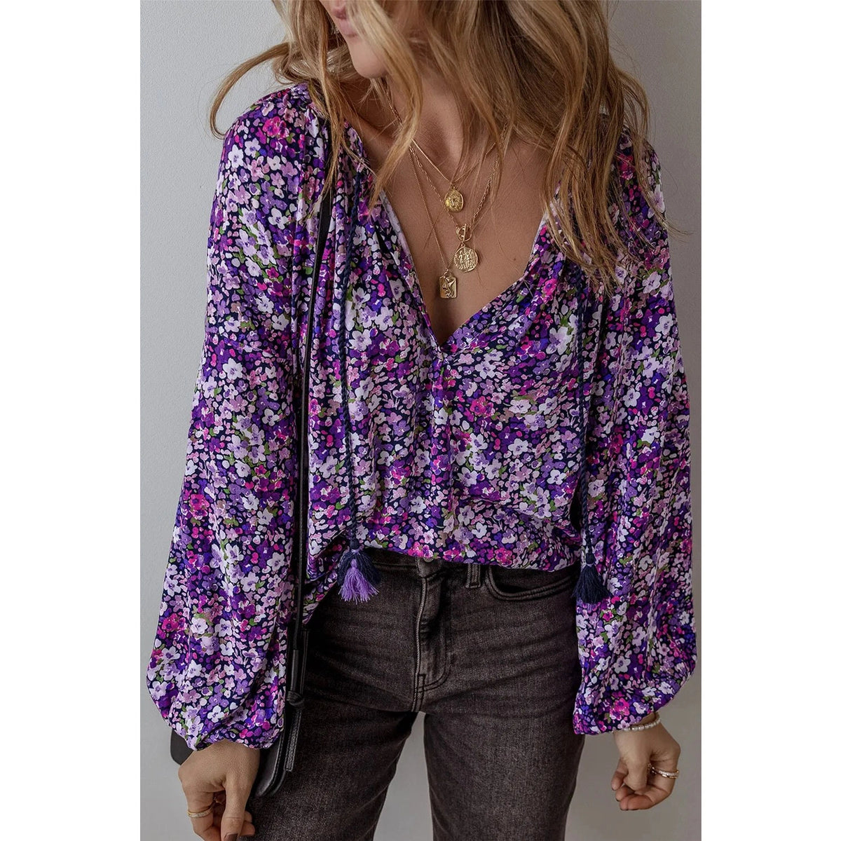 Floral Tie Neck Long Sleeve Blouse