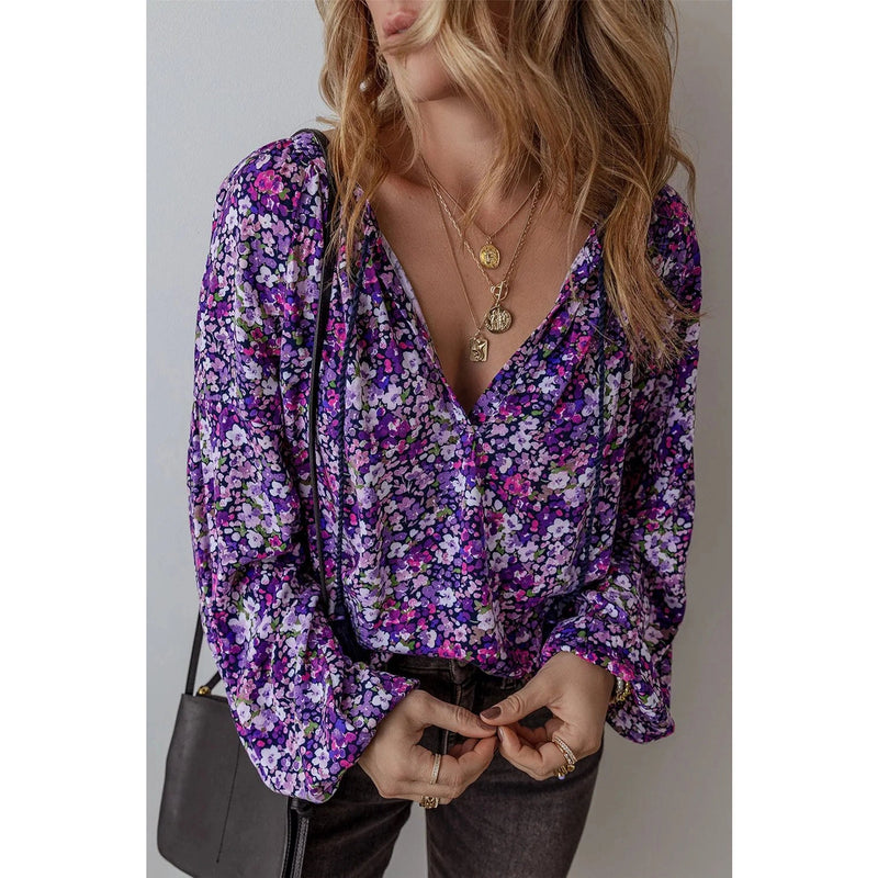 Floral Tie Neck Long Sleeve Blouse